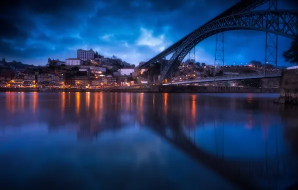 Облака, мост, отражение, река, дома, вечер, Португалия, Порту