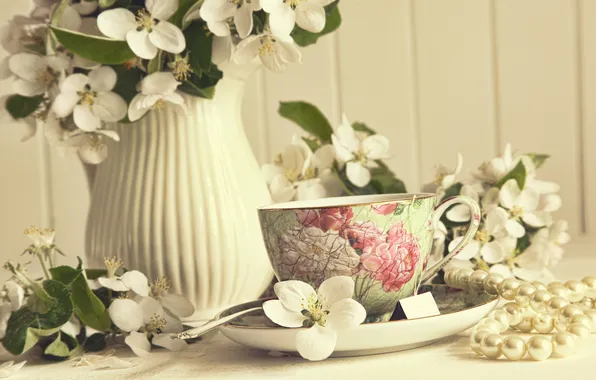 Розы, весна, ваза, Spring, vase, roses, чашка чая, cup of tea