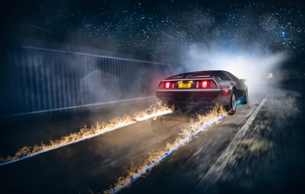 Картинка Car, Fire, DeLorean, DMC-12, Rear, Ligth, Nigth, Back To The Future