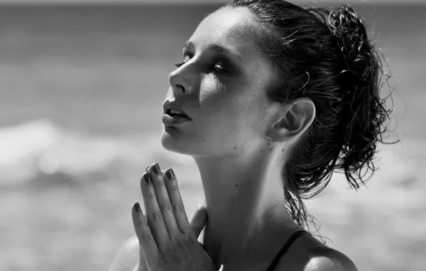 Playboy, waves, wet, sea, brown, model, hair, black and white