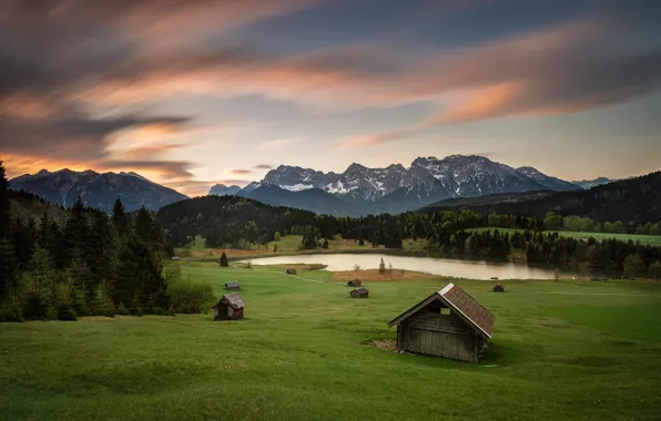 Картинка лето, горы, утро, Германия, Бавария, Альпы, домики, луга