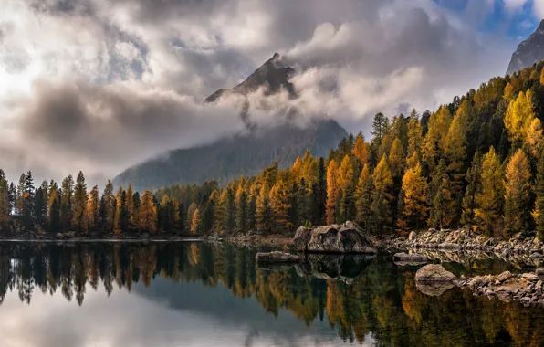 Осень, лес, небо, облака, горы, природа, озеро, отражение