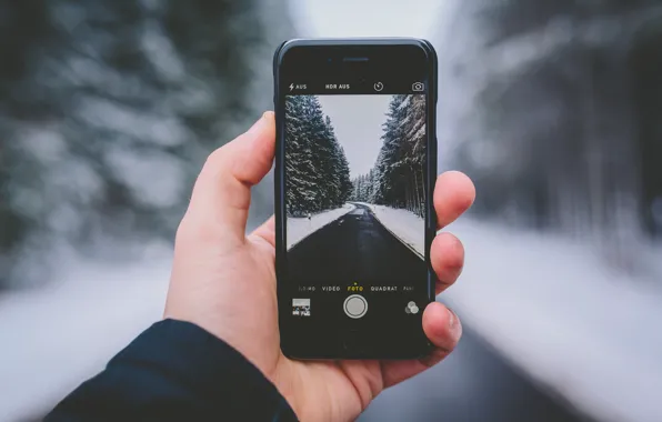 Зима, дорога, лес, снег, деревья, пейзаж, фотография, iPhone