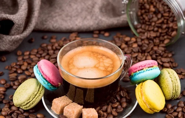Кофе, печенье, кофейные зёрна, cup, coffee, macarons, макарон, aromatic