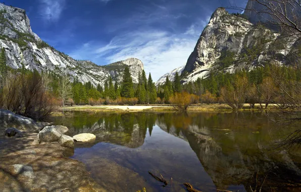 Картинка лес, деревья, горы, озеро, отражение, Калифорния, Йосемити, California