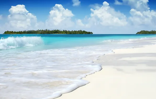 Картинка песок, море, пляж, небо, пальмы, остров