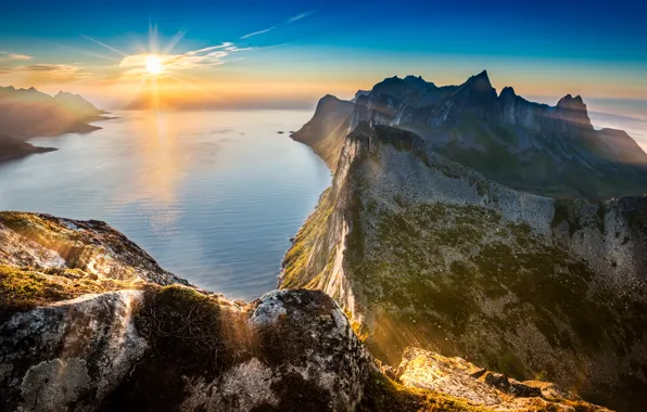 Картинка sea, sunset, mountains, cliffs