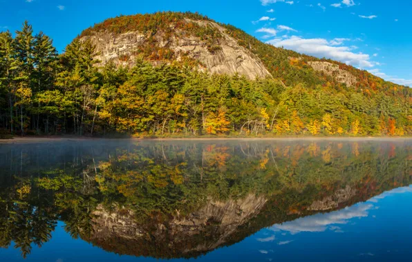 Картинка осень, небо, вода, деревья, озеро, отражение, скалы, берег