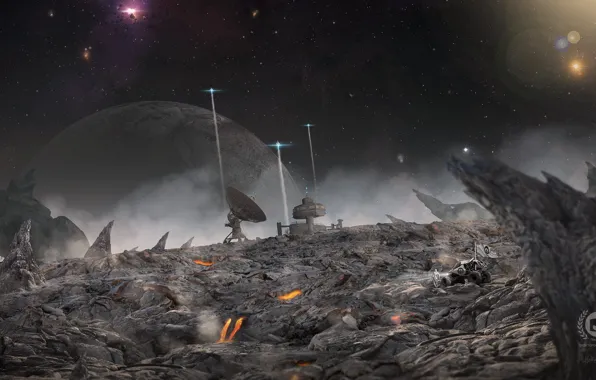Камни, планета, антенна, звёзды, the outpost, ландщафт