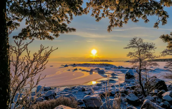 Зима, пейзаж, закат, природа, Финляндия, Финский залив, Котка