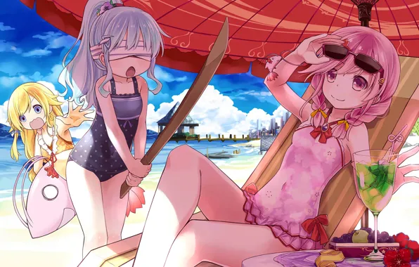 Sexy, beach, pink hair, long hair, sea, girls, anime, blue eyes