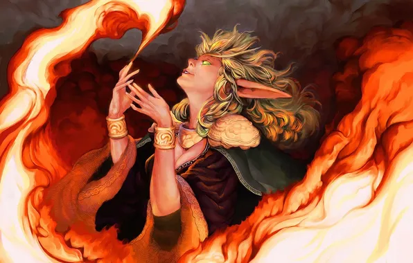 Картинка девушка, огонь, магия, арт, World of Warcraft, эльфийка, Ittoku Seta, Arcanist Dayvana