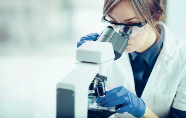 Woman, laboratory, microscope