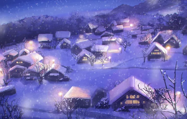 Картинка зима, ночь, деревня, NIK