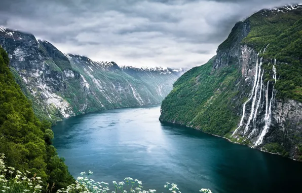 Landscape, Norway, Geirangerfjorden, Møre og Romsdal, vegetation, Seven Sisters Waterfall, Seven Sisters, Stranda