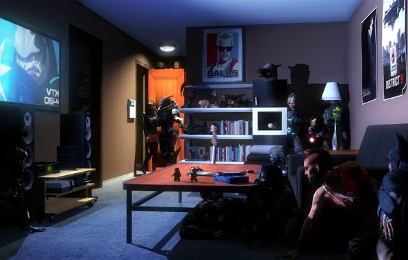 Картинка комната, batman, starcraft, Far Cry, свидание, mass effect, crysis, crossover