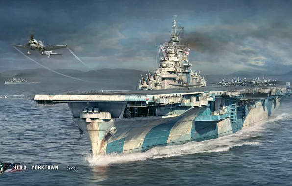 Картинка море, корабли, самолеты, авианосец, палуба, взлет, U.S.S., World Of Warship
