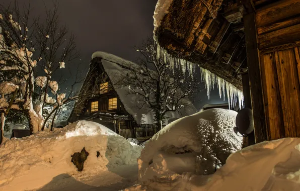 Картинка зима, снег, деревья, пейзаж, природа, отражение, село, дома