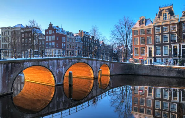 Light, bridge, water, Amsterdam, buildings, canal