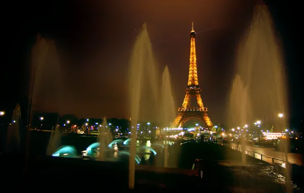 Ночь, огни, башня, париж, франция, фонтаны, эйфелева