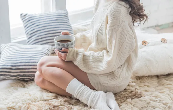 Legs, woman, winter, coat, interior, coffee