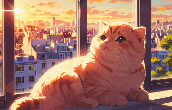 Кошка, небо, взгляд, стекло, солнце, облака, лучи, свет