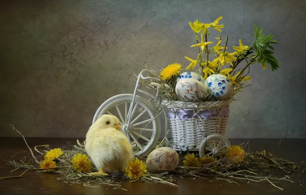 Картинка цветы, велосипед, праздник, яйца, пасха, сено, одуванчики, цыплёнок
