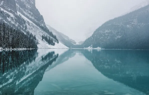 Картинка зима, лес, снег, отражения, горы, природа, озеро