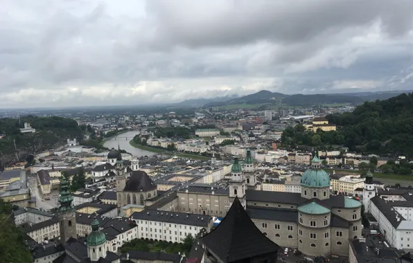 Картинка Дома, Река, Австрия, Панорама, Тучи, Здания, Clouds, Sky