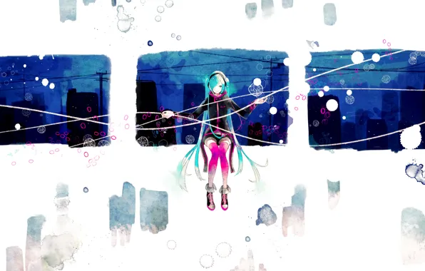 Девушка, абстракция, город, аниме, наушники, арт, vocaloid, hatsune miku