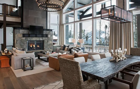 Вилла, интерьер, камин, гостиная, столовая, Montana, Big Sky, Yellowstone Club