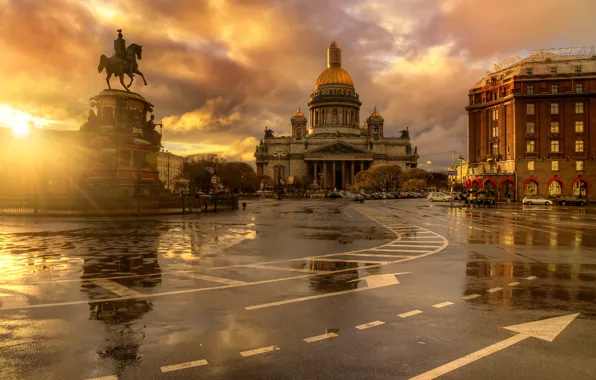 Солнце, лучи, город, здания, Питер, площадь, Санкт-Петербург, памятник