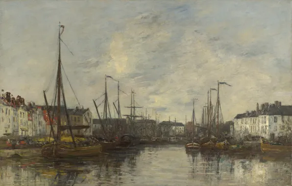 Дома, корабли, картина, порт, Эжен Буден, Eugene Boudin, Брюссельская гавань