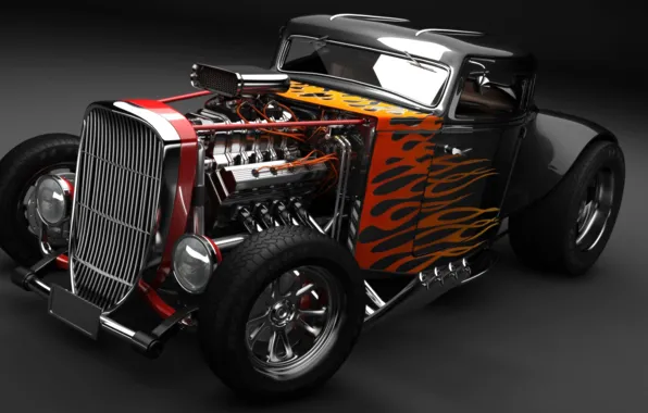 Картинка двигатель, огонь, пламя, Hot Rod, классический автомобиль