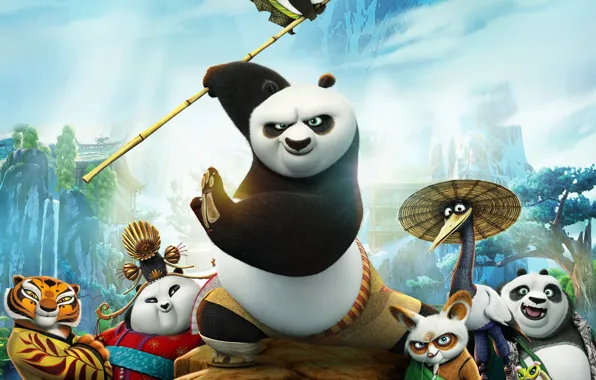 Картинка горы, мультфильм, деревня, мастер, тигрица, панды, персонажи, Kung Fu Panda 3
