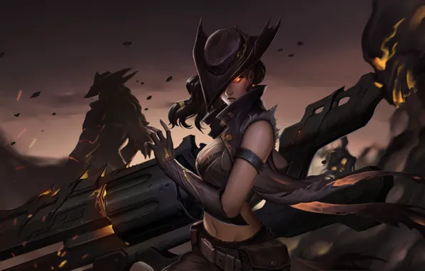 Взгляд, девушка, оружие, шляпа, League Of Legends, Senna