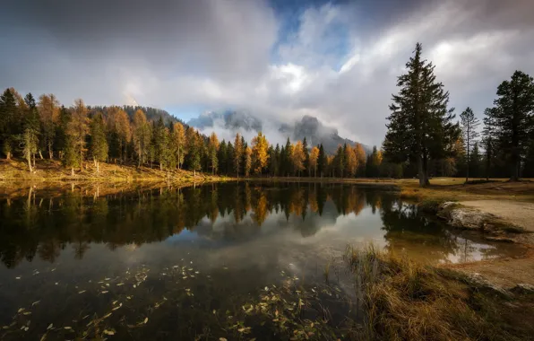 Картинка осень, лес, облака, горы, природа, озеро, отражение, берег