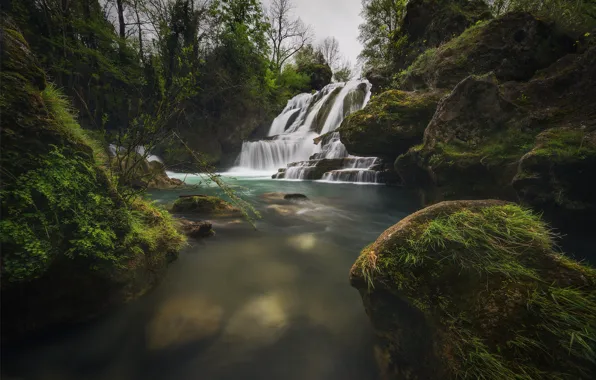 Трава, камни, растительность, водопад, мох, поток