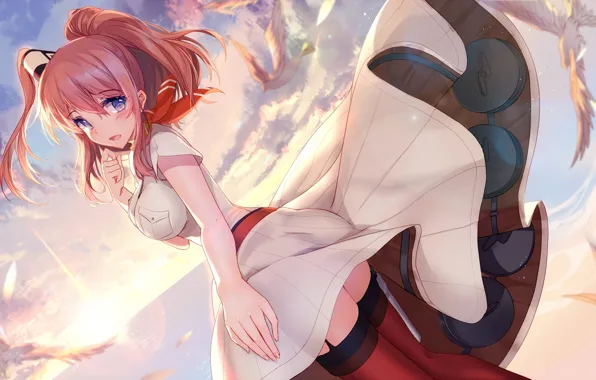 Небо, девушка, птицы, anime, art, kantai collection, bisonbison, uss saratoga