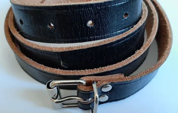 Black, brown, leather, belt, buckle, rolled up