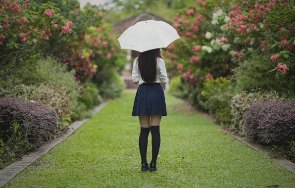Картинка девушка, парк, зонтик, волосы, юбка, ножки
