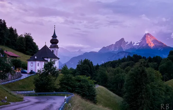 Картинка дорога, пейзаж, горы, природа, рассвет, утро, Германия, Бавария