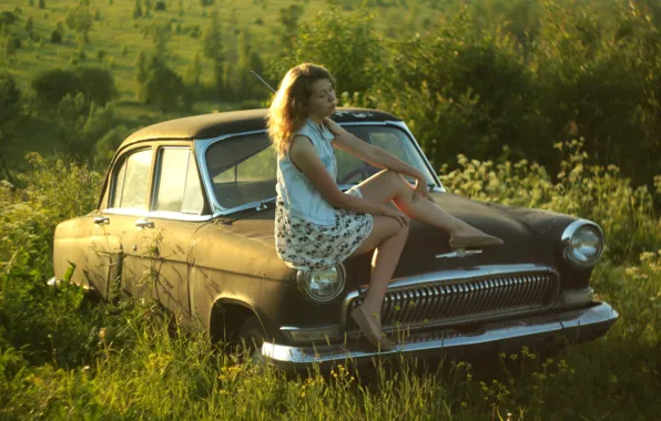 Картинка девушка, природа, ретро, фон, настроение, обои, СССР, автомобиль