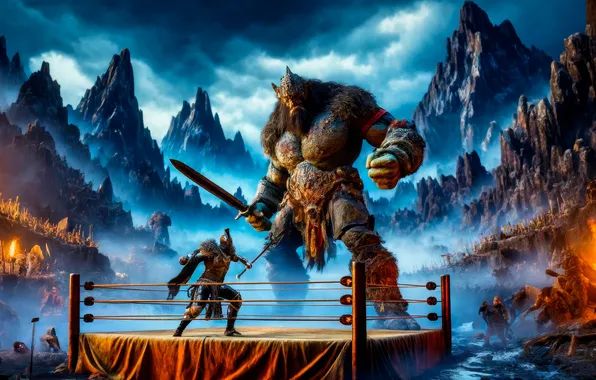 Sword, mountains, fighting, RPG, knight, video games, arena, troll (Creature)