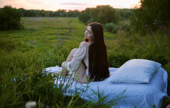 Grass, blouse, panties, sky, trees, nature, flowers, clouds