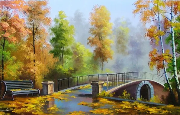 Trees, bridge, park, autumn, painting