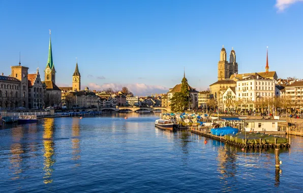 Картинка мост, река, дома, Швейцария, причалы, Zurich