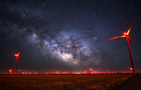 Sky, Stars, Landscape, Night, Field, Long Exposure, Wind Turbine