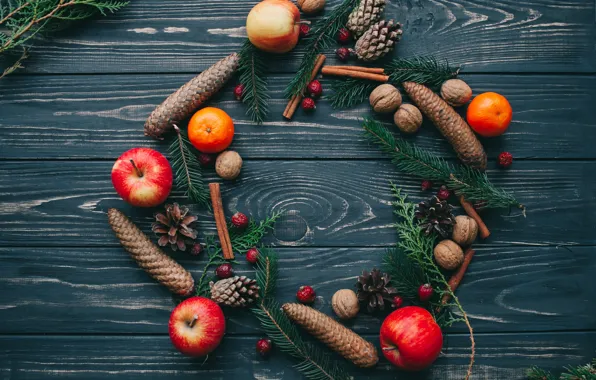 Картинка украшения, яблоки, Новый Год, Рождество, фрукты, Christmas, wood, New Year