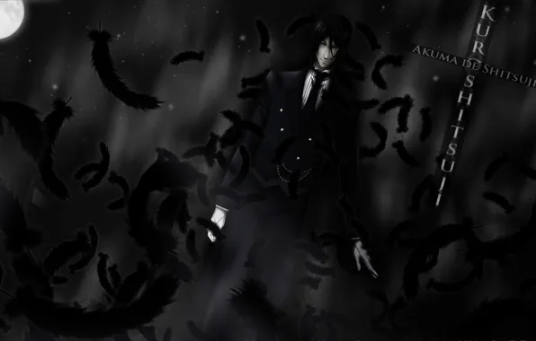 Перья, демон, красные глаза, Kuroshitsuji, Sebastian Michaelis, черная магия, дьявольский дворецкий